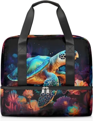 Travel Duffel Bags Turtle Coral Sports Gym Bag with Wet Pocket & Shoes Compartment Large Duffel Bags Waterproof Overnight Bag Weekender Bags for Women Men