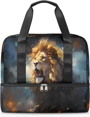 Travel Duffel Bags Watercolor Lion Sports Gym Bag with Wet Pocket & Shoes Compartment Large Duffel Bags Waterproof Overnight Bag Weekender Bags for Women Men