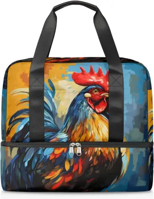 Travel Duffel Bags Watercolor Rooster Sports Gym Bag with Wet Pocket & Shoes Compartment Large Duffel Bags Waterproof Overnight Bag Weekender Bags for Women Men