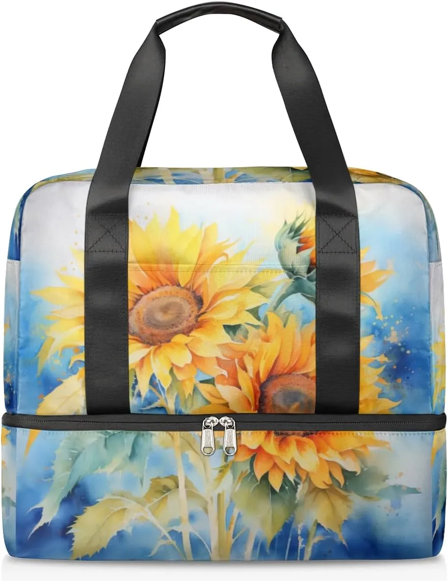 Travel Duffel Bags Watercolor Sunflowers Sports Gym Bag with Wet Pocket & Shoes Compartment Large Duffel Bags Waterproof Overnight Bag Weekender Bags for Women Men