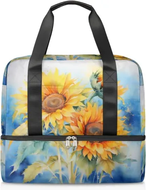 Travel Duffel Bags Watercolor Sunflowers Sports Gym Bag with Wet Pocket & Shoes Compartment Large Duffel Bags Waterproof Overnight Bag Weekender Bags for Women Men