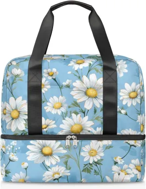 Travel Duffel Bags White Daisy Sports Gym Bag with Wet Pocket & Shoes Compartment Large Duffel Bags Waterproof Overnight Bag Weekender Bags for Women Men