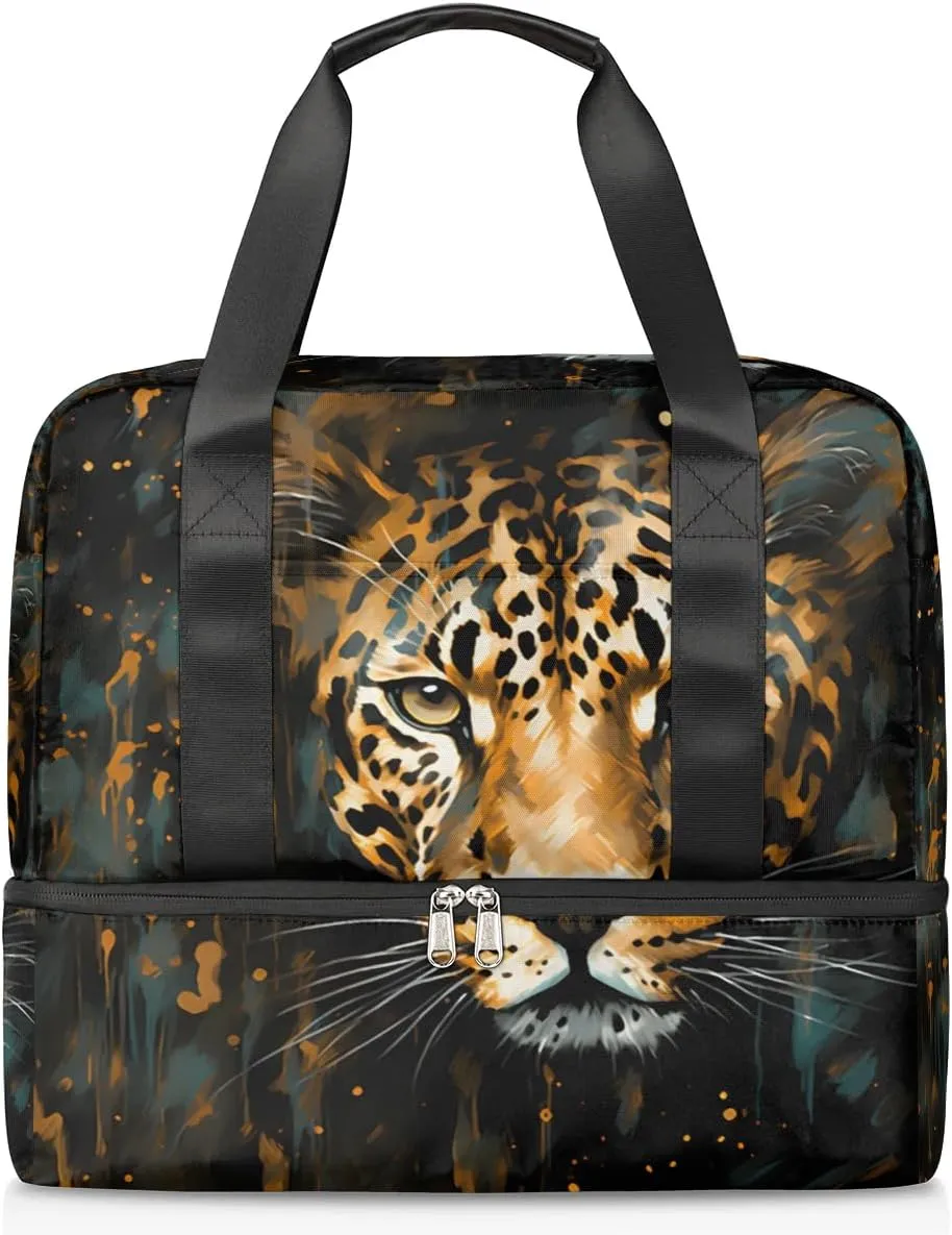 Travel Duffel Bags Wild Leopard Sports Gym Bag with Wet Pocket & Shoes Compartment Large Duffel Bags Waterproof Overnight Bag Weekender Bags for Women Men