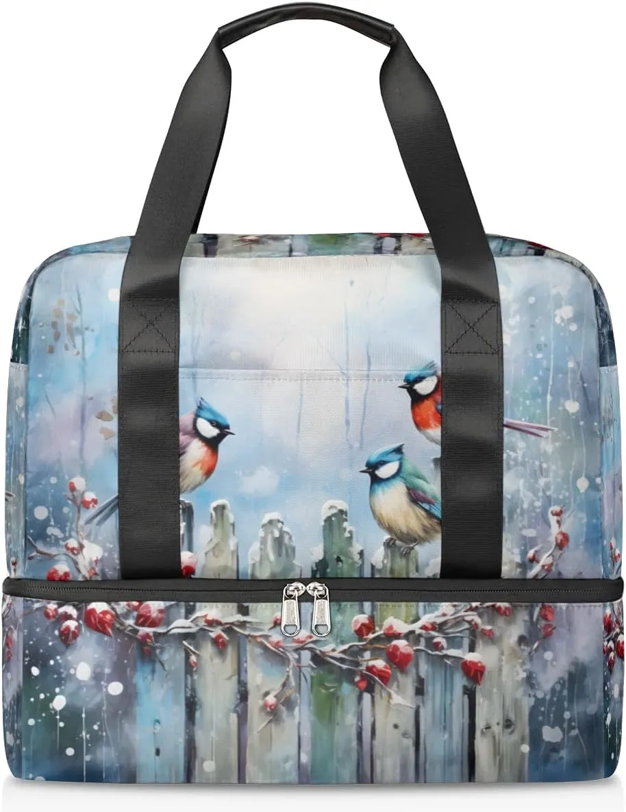 Travel Duffel Bags Winter Birds Sports Gym Bag with Wet Pocket & Shoes Compartment Large Duffel Bags Waterproof Overnight Bag Weekender Bags for Women Men
