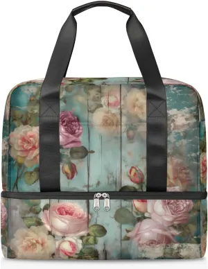 Travel Duffel Bags Wooden Rose Sports Gym Bag with Wet Pocket & Shoes Compartment Large Duffel Bags Waterproof Overnight Bag Weekender Bags for Women Men