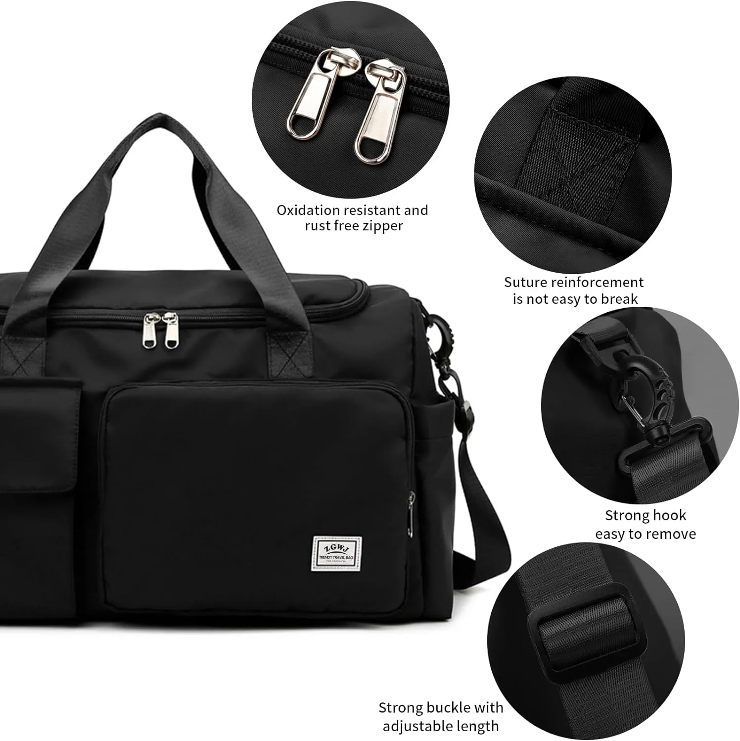Travel Duffel Tote Bag with Dry Wet Separation Pocket, Weekender Bag for Women and Men，Waterproof Bag with Shoe Compartment Lightweight and Easy Carry on Black