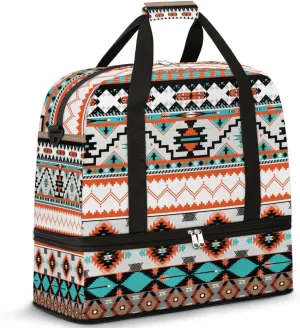 Travel Duffle Bags With Shoes Compartment for Women Men Aztec Western Ethnic Geometric Lightweigh Sports Tote Gym Bag Foldable Canvas Weekender Overnight Carry On Luggage Handle Bag, Multi