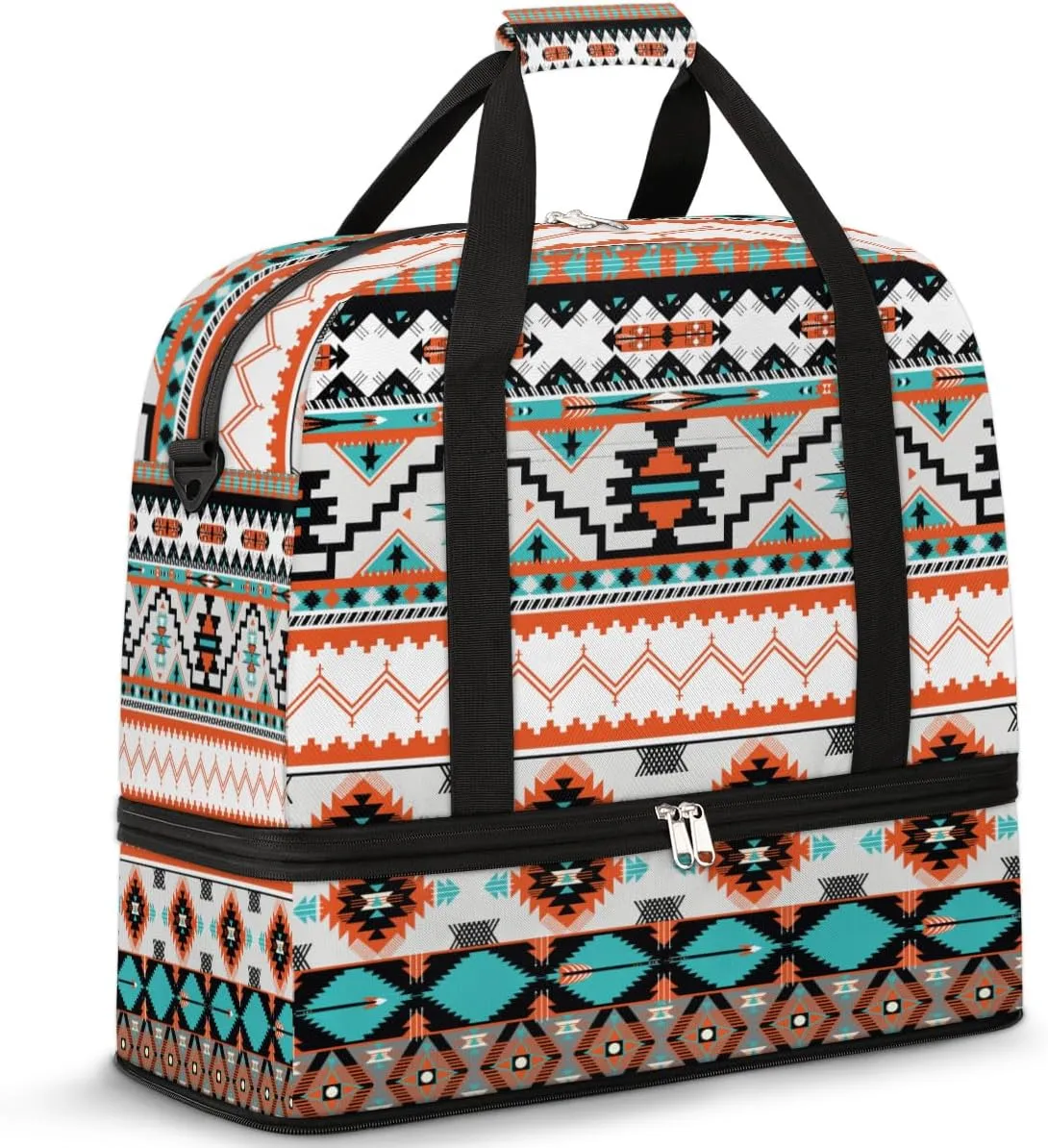 Travel Duffle Bags With Shoes Compartment for Women Men Aztec Western Ethnic Geometric Lightweigh Sports Tote Gym Bag Foldable Canvas Weekender Overnight Carry On Luggage Handle Bag, Multi