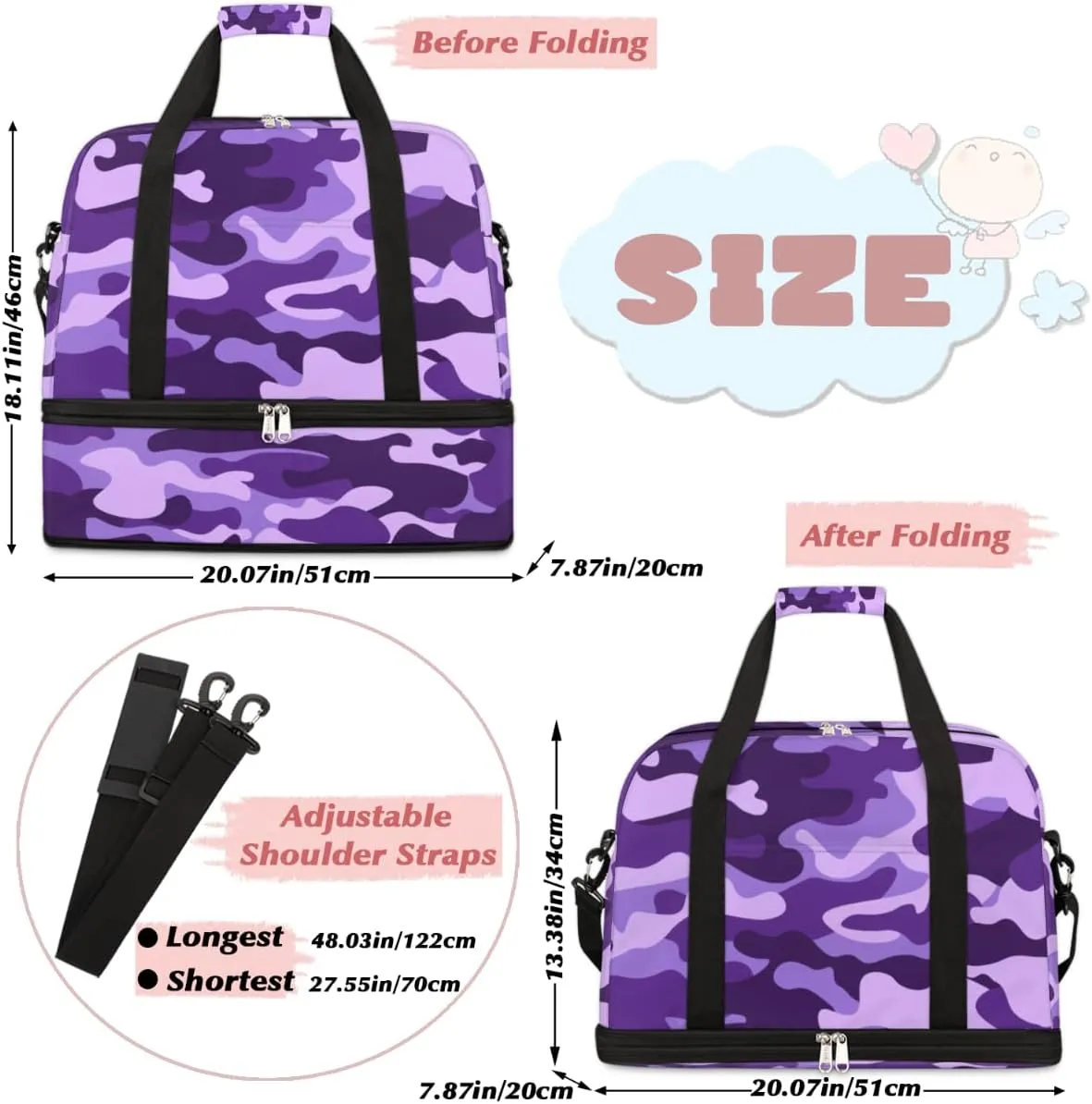 Travel Duffle Bags With Shoes Compartment for Women Men Lightweigh Sports Tote Gym Bag Foldable Canvas Weekender Overnight Carry On Luggage Handle Bag, print 3