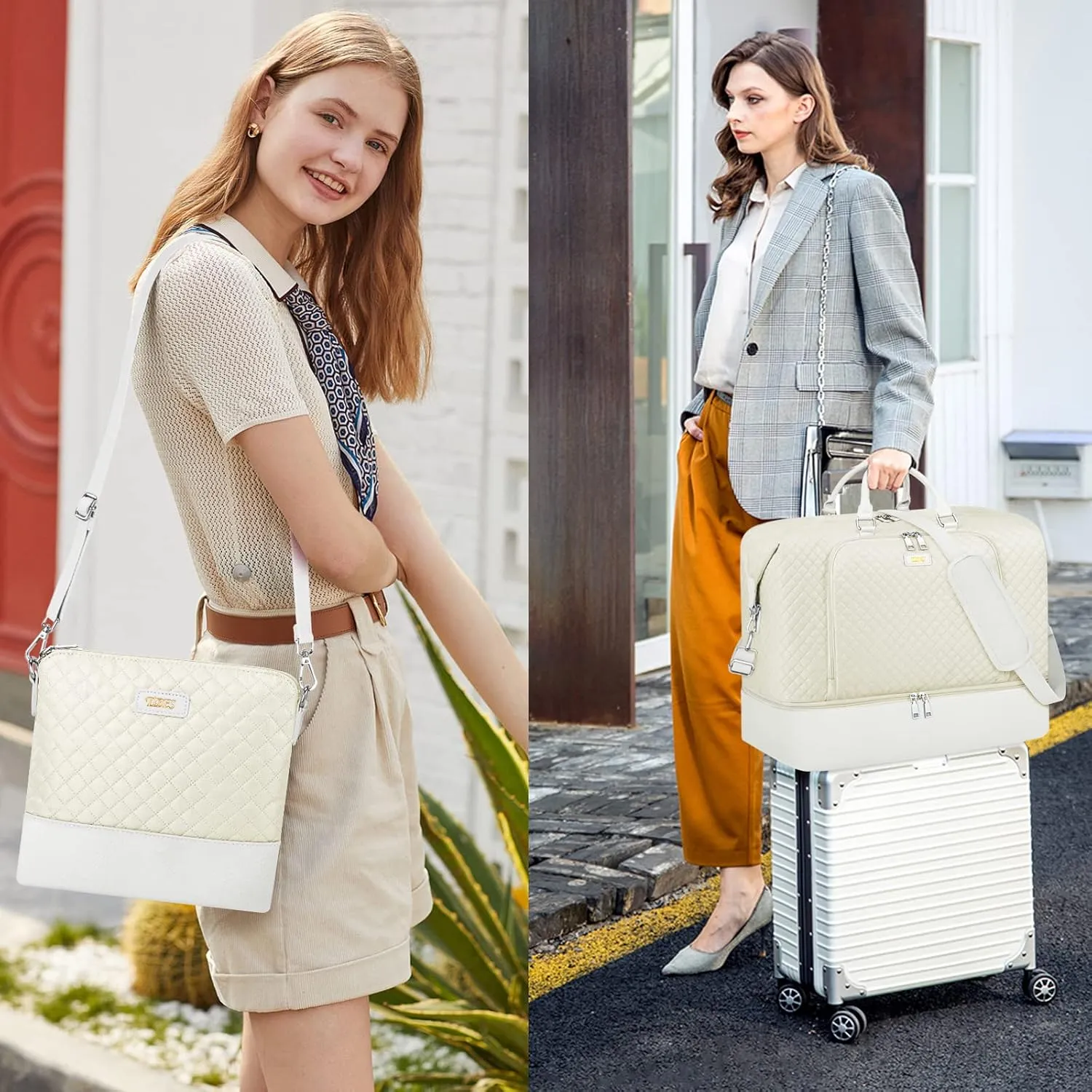 Travel Weekender Bag for Women, Overnight Bag with Shoe Compartment Oversized Travel Duffel Bag Carry On Tote 21", J-Beige Diamond 3pcs, Large, Weekender Bag