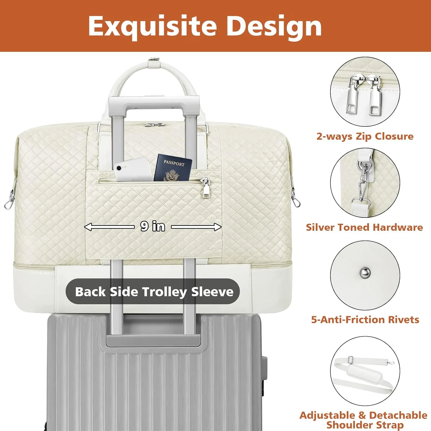 Travel Weekender Bag for Women, Overnight Bag with Shoe Compartment Oversized Travel Duffel Bag Carry On Tote 21", J-Beige Diamond 3pcs, Large, Weekender Bag