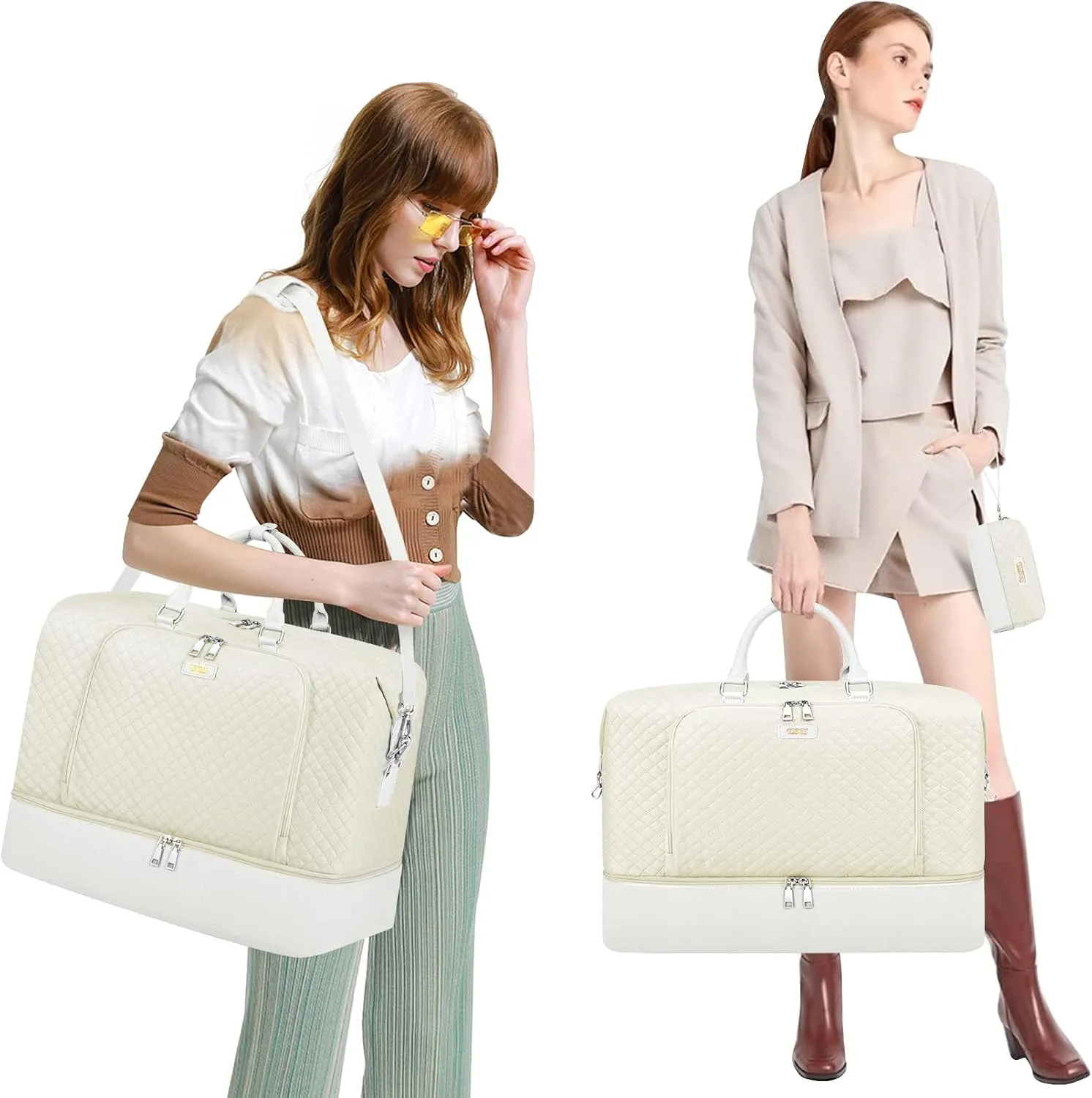 Travel Weekender Bag for Women, Overnight Bag with Shoe Compartment Oversized Travel Duffel Bag Carry On Tote 21", J-Beige Diamond 3pcs, Large, Weekender Bag