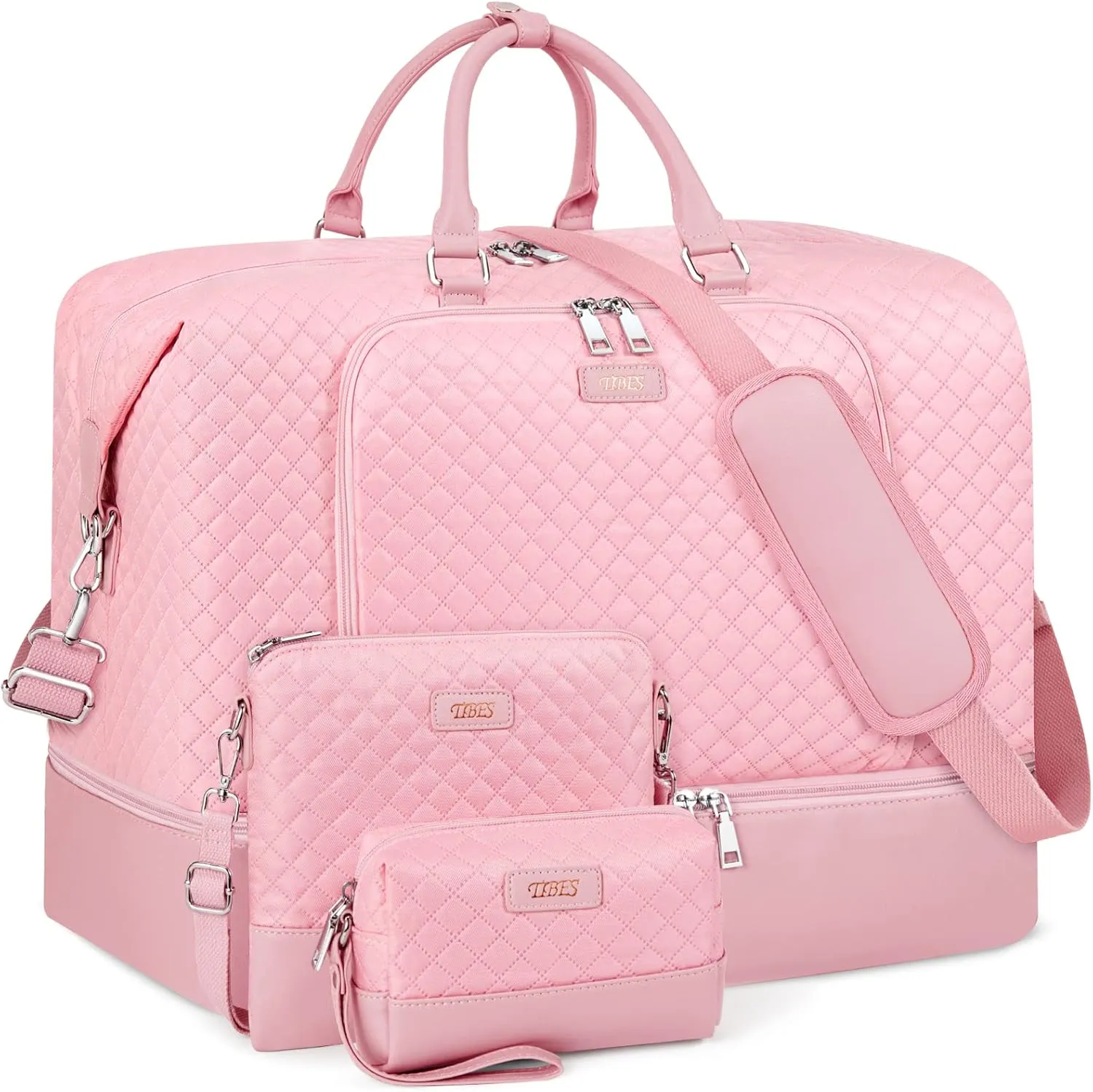 Travel Weekender Bag for Women, Overnight Bag with Shoe Compartment Oversized Travel Duffel Bag Carry On Tote 21", K-Pink Diamond 3pcs, Large, Weekender Bag