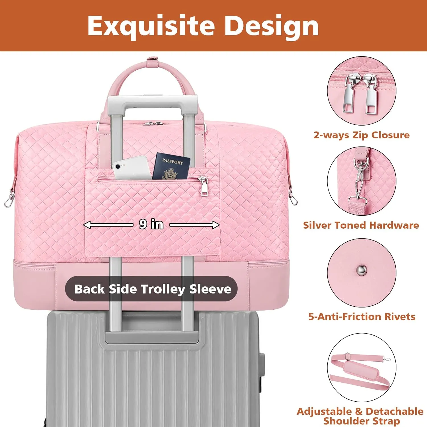 Travel Weekender Bag for Women, Overnight Bag with Shoe Compartment Oversized Travel Duffel Bag Carry On Tote 21", K-Pink Diamond 3pcs, Large, Weekender Bag