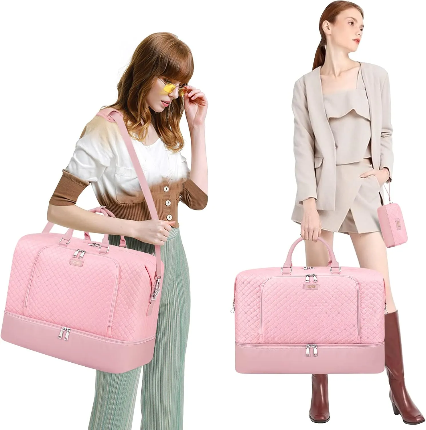 Travel Weekender Bag for Women, Overnight Bag with Shoe Compartment Oversized Travel Duffel Bag Carry On Tote 21", K-Pink Diamond 3pcs, Large, Weekender Bag
