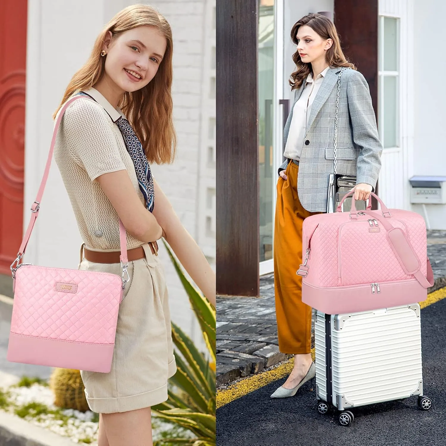 Travel Weekender Bag for Women, Overnight Bag with Shoe Compartment Oversized Travel Duffel Bag Carry On Tote 21", K-Pink Diamond 3pcs, Large, Weekender Bag