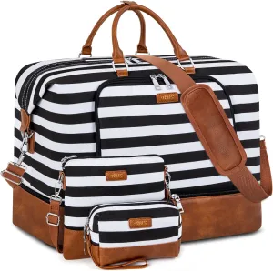 Travel Weekender Bag for Women, Overnight Bag with Shoe Compartment Oversized Travel Duffel Bag Carry On Tote 21", L-Black & White Strips, Large, Weekender Bag