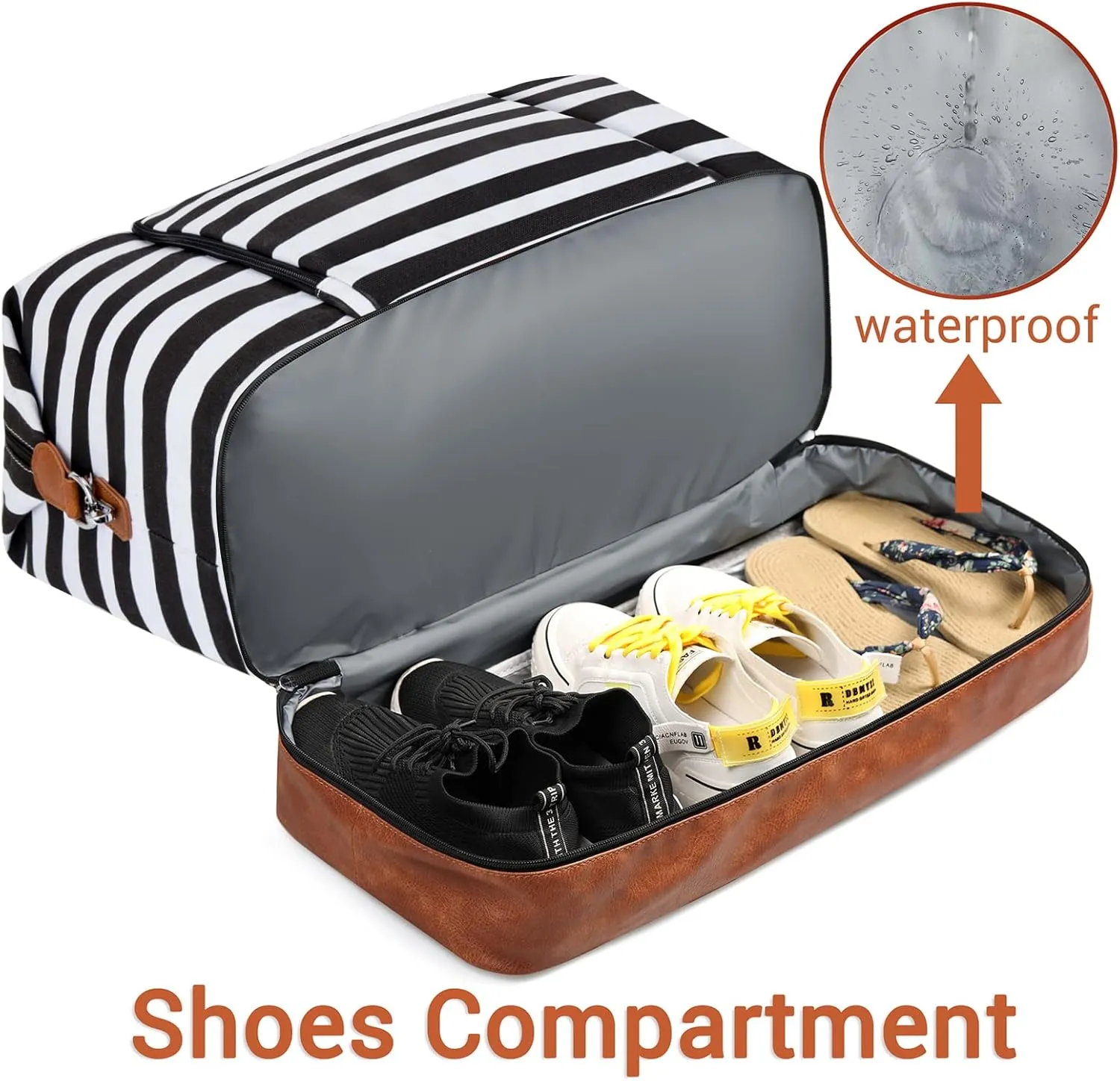 Travel Weekender Bag for Women, Overnight Bag with Shoe Compartment Oversized Travel Duffel Bag Carry On Tote 21", L-Black & White Strips, Large, Weekender Bag
