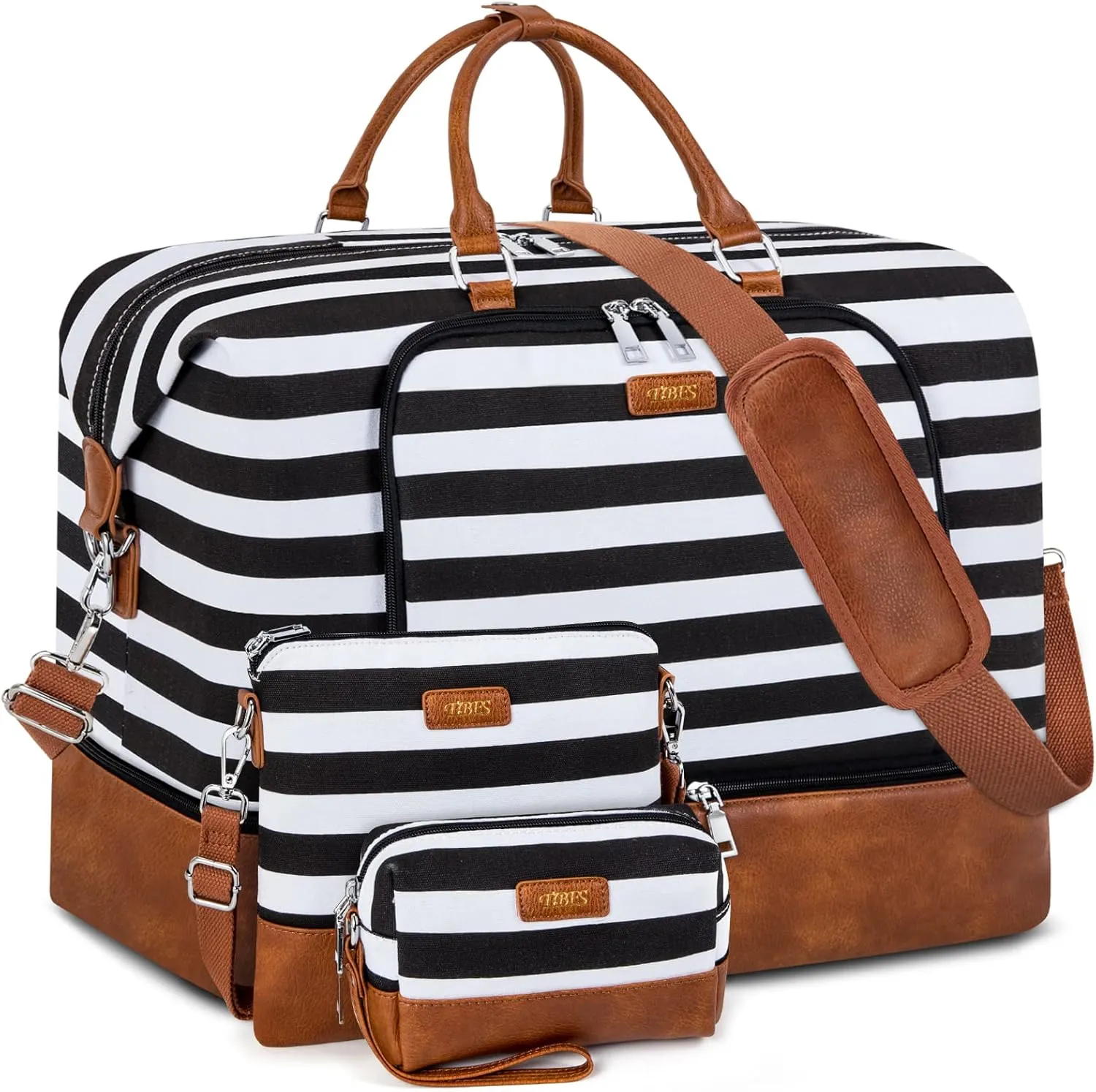 Travel Weekender Bag for Women, Overnight Bag with Shoe Compartment Oversized Travel Duffel Bag Carry On Tote 21", L-Black & White Strips, Large, Weekender Bag
