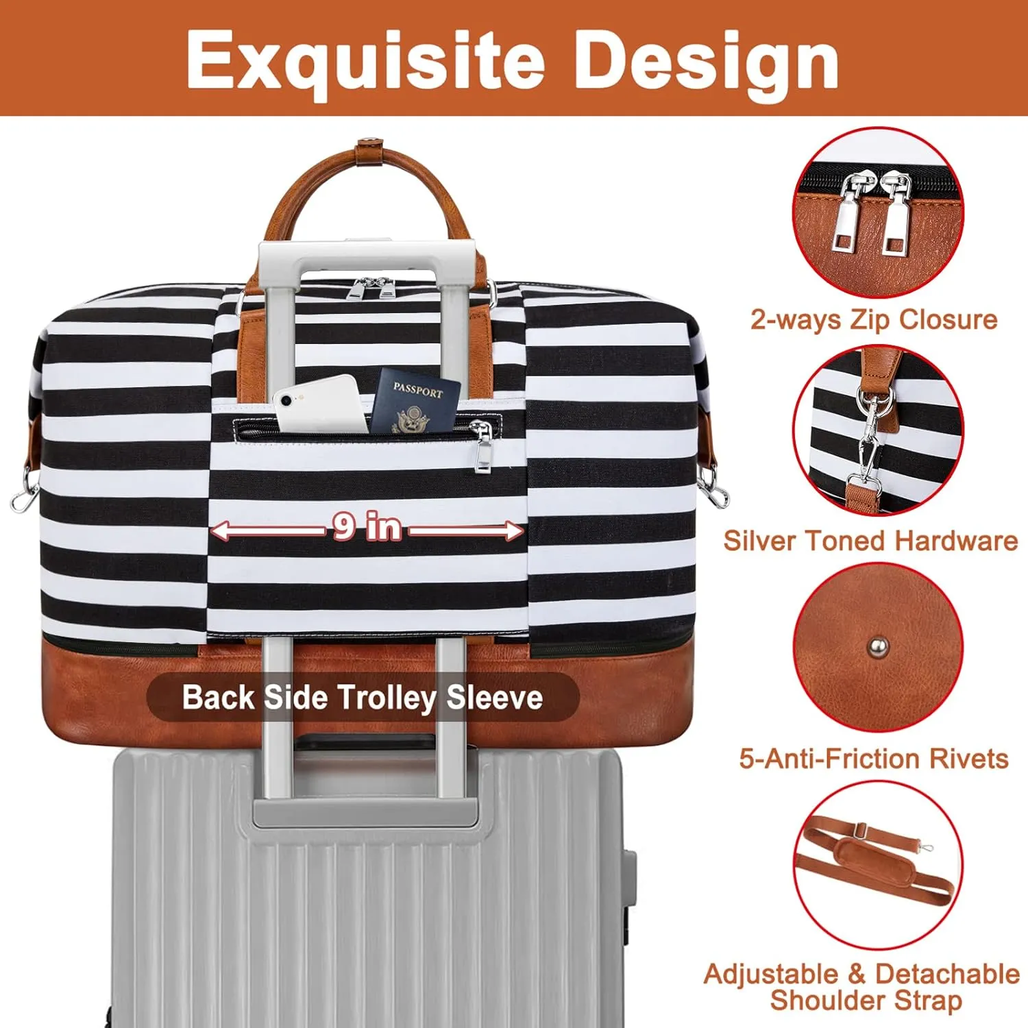 Travel Weekender Bag for Women, Overnight Bag with Shoe Compartment Oversized Travel Duffel Bag Carry On Tote 21", L-Black & White Strips, Large, Weekender Bag