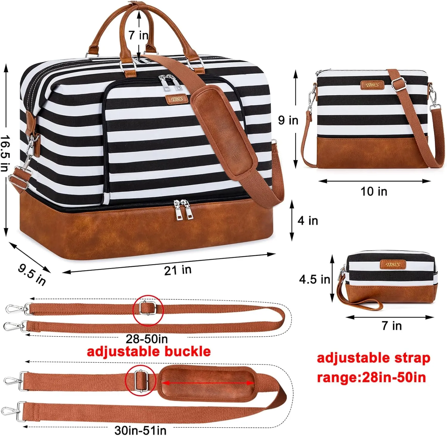Travel Weekender Bag for Women, Overnight Bag with Shoe Compartment Oversized Travel Duffel Bag Carry On Tote 21", L-Black & White Strips, Large, Weekender Bag