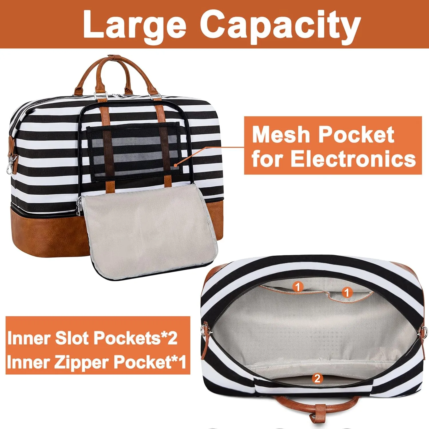Travel Weekender Bag for Women, Overnight Bag with Shoe Compartment Oversized Travel Duffel Bag Carry On Tote 21", L-Black & White Strips, Large, Weekender Bag