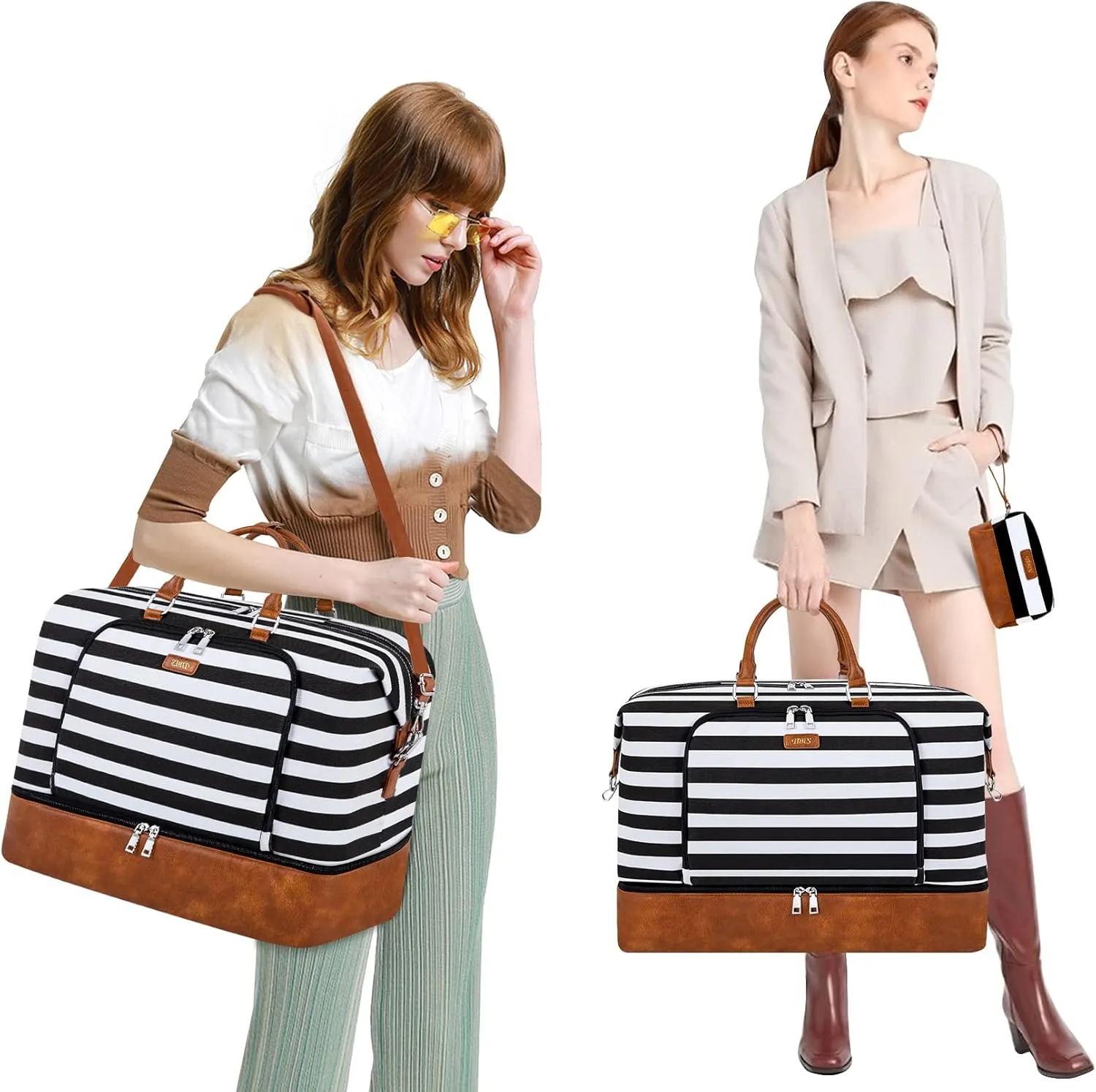 Travel Weekender Bag for Women, Overnight Bag with Shoe Compartment Oversized Travel Duffel Bag Carry On Tote 21", L-Black & White Strips, Large, Weekender Bag
