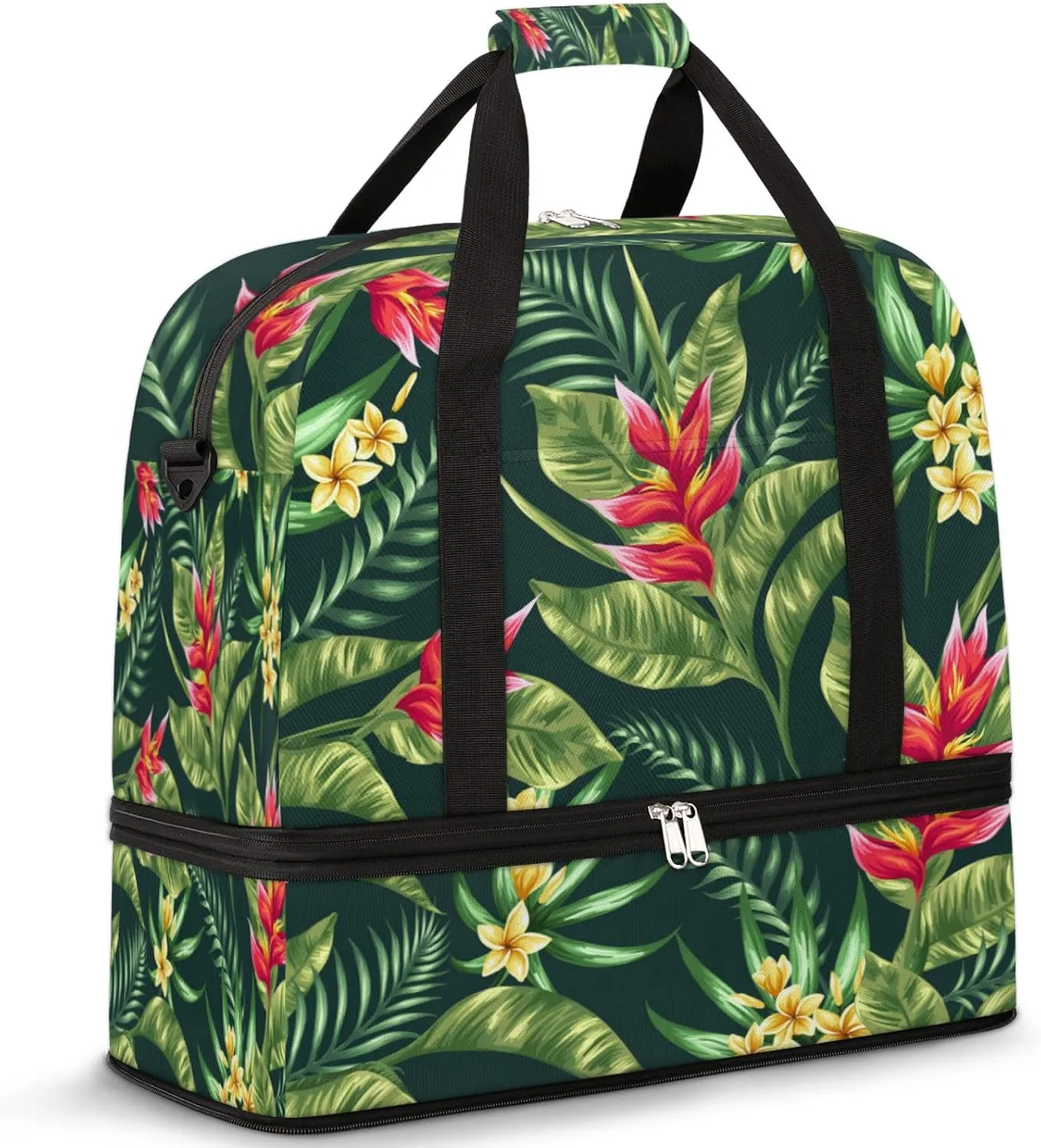 Tropical Flower Floral Palm Leaves Foldable Travel Duffel Bag Tote Carry on Luggage Sport Duffle for Women Men Gym Bag Overnight Weekender Bags with Shoe Compartments and Shoulder Strap