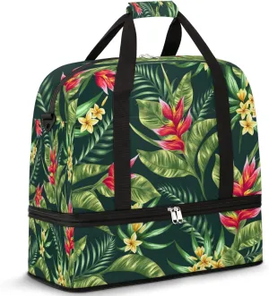 Tropical Flower Floral Palm Leaves Foldable Travel Duffel Bag Tote Carry on Luggage Sport Duffle for Women Men Gym Bag Overnight Weekender Bags with Shoe Compartments and Shoulder Strap