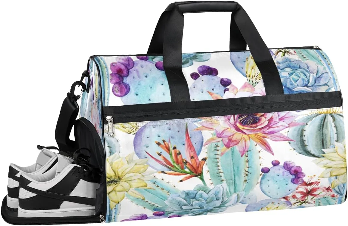 Tropical Flowers Cactus Resistant Sports Gym Bag for Women Men Travel Duffel bag with Wet Pocket & Shoes Compartment Waterproof Weekender Bag 19.7"x9.9"x13"