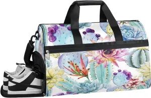 Tropical Flowers Cactus Resistant Sports Gym Bag for Women Men Travel Duffel bag with Wet Pocket & Shoes Compartment Waterproof Weekender Bag 19.7"x9.9"x13"