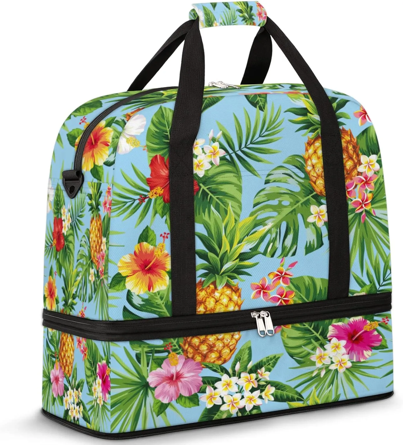 Tropical Leaves Flower Pineapple Foldable Travel Duffel Bag Tote Carry on Luggage Sport Duffle for Women Men Gym Bag Overnight Weekender Bags with Shoe Compartments and Shoulder Strap