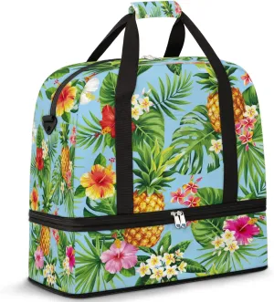 Tropical Leaves Flower Pineapple Foldable Travel Duffel Bag Tote Carry on Luggage Sport Duffle for Women Men Gym Bag Overnight Weekender Bags with Shoe Compartments and Shoulder Strap