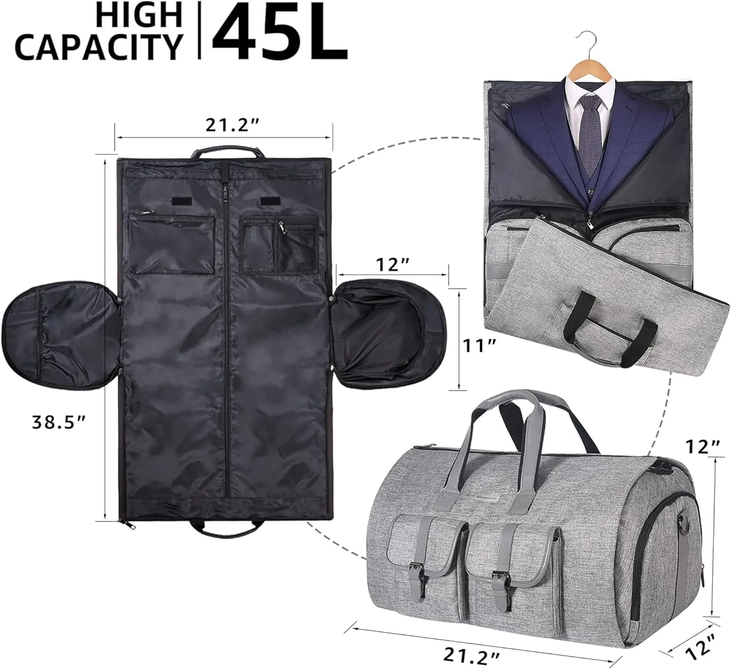 UNIQUEBELLA Carry on Garment Bag for Travel Convertible Garment Duffel Suit Bag with Shoe Compartment Weekend Flight Bag for Men Women