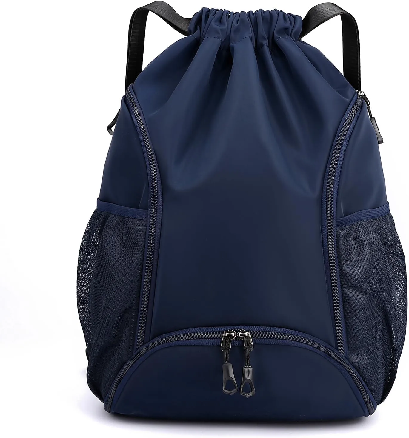 Valleycomfy Sports Gym Bag Drawstring Backpack with Shoes Basketball Bag and Two Water Bottle Holder,Drawstring Backpack for Beach, Pool and Travel,Dark Blue