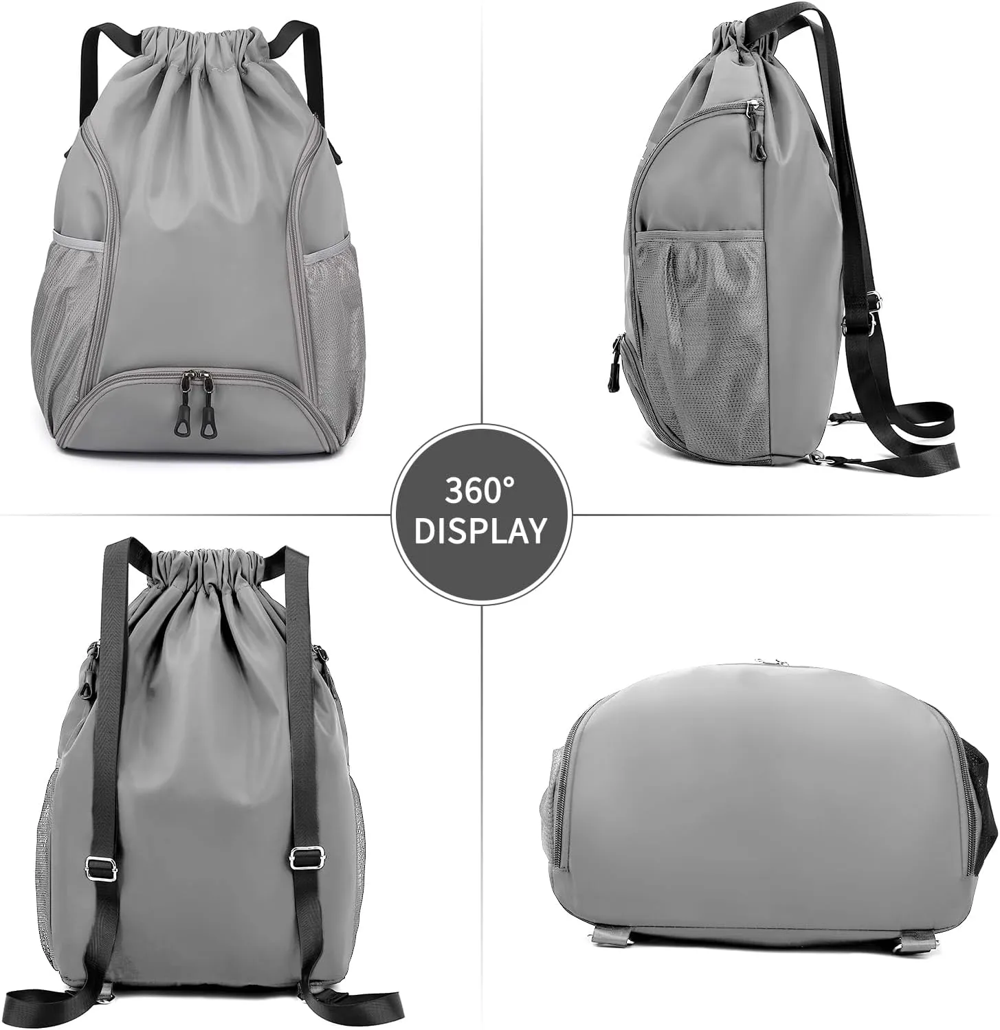 Valleycomfy Sports Gym Bag Drawstring Backpack with Shoes Basketball Bag and Two Water Bottle Holder,Drawstring Backpack for Beach, Pool and Travel,Grey