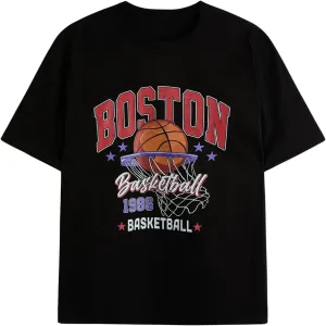 Verdusa Men's Basketball Vintage Letter Graphic Oversized T Shirt Round Neck Drop Shoulder Tee Tops