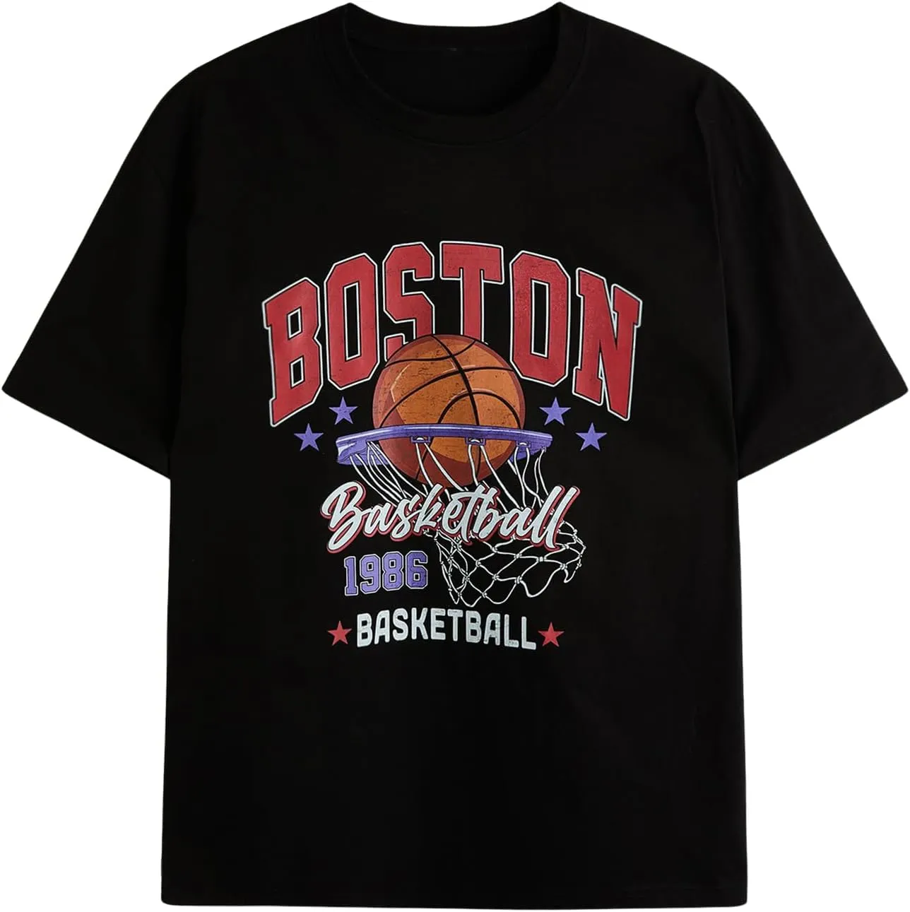 Verdusa Men's Basketball Vintage Letter Graphic Oversized T Shirt Round Neck Drop Shoulder Tee Tops