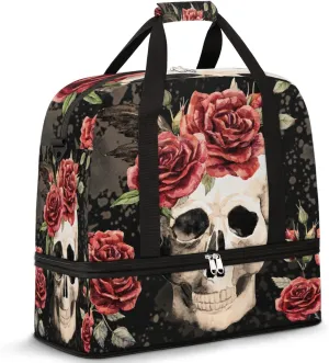 Vintage Gothic Skull Red Rose Foldable Travel Duffel Bag Tote Carry on Luggage Sport Duffle for Women Men Gym Bag Overnight Weekender Bags with Shoe Compartments and Shoulder Strap