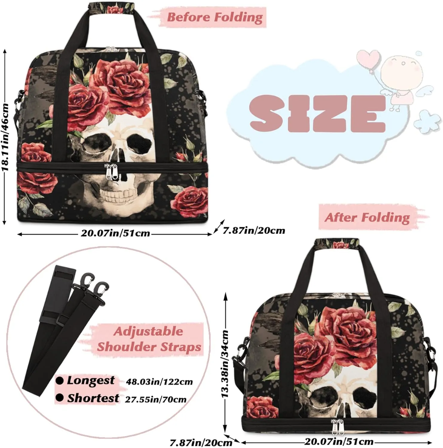 Vintage Gothic Skull Red Rose Foldable Travel Duffel Bag Tote Carry on Luggage Sport Duffle for Women Men Gym Bag Overnight Weekender Bags with Shoe Compartments and Shoulder Strap