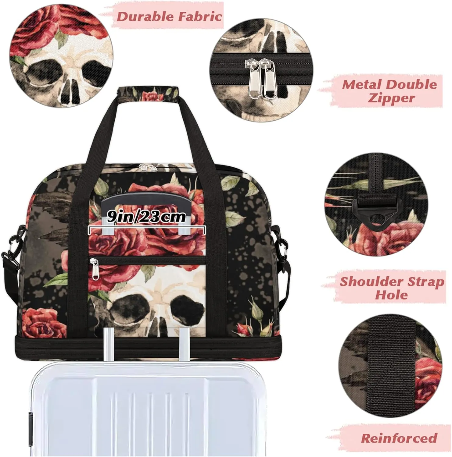 Vintage Gothic Skull Red Rose Foldable Travel Duffel Bag Tote Carry on Luggage Sport Duffle for Women Men Gym Bag Overnight Weekender Bags with Shoe Compartments and Shoulder Strap