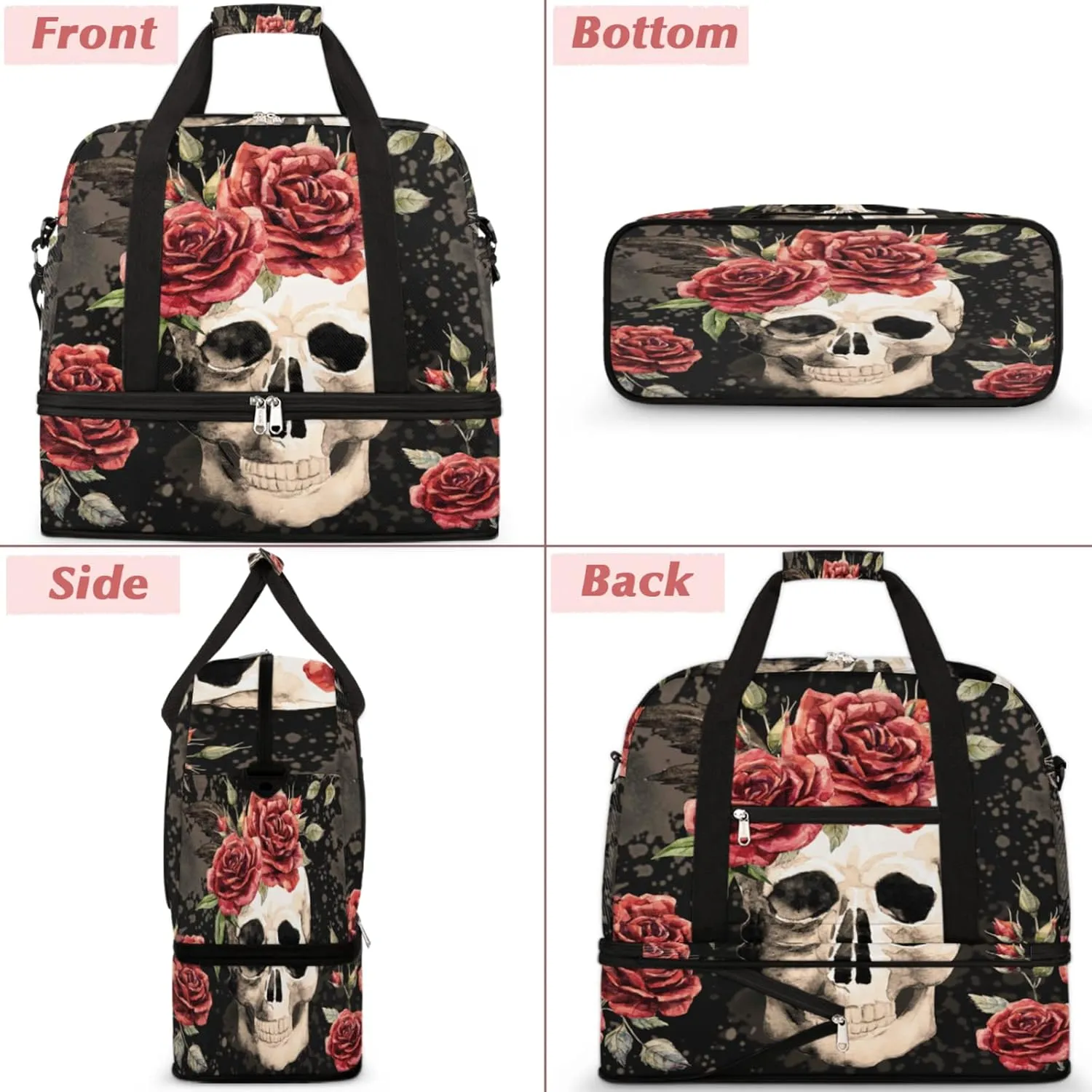 Vintage Gothic Skull Red Rose Foldable Travel Duffel Bag Tote Carry on Luggage Sport Duffle for Women Men Gym Bag Overnight Weekender Bags with Shoe Compartments and Shoulder Strap