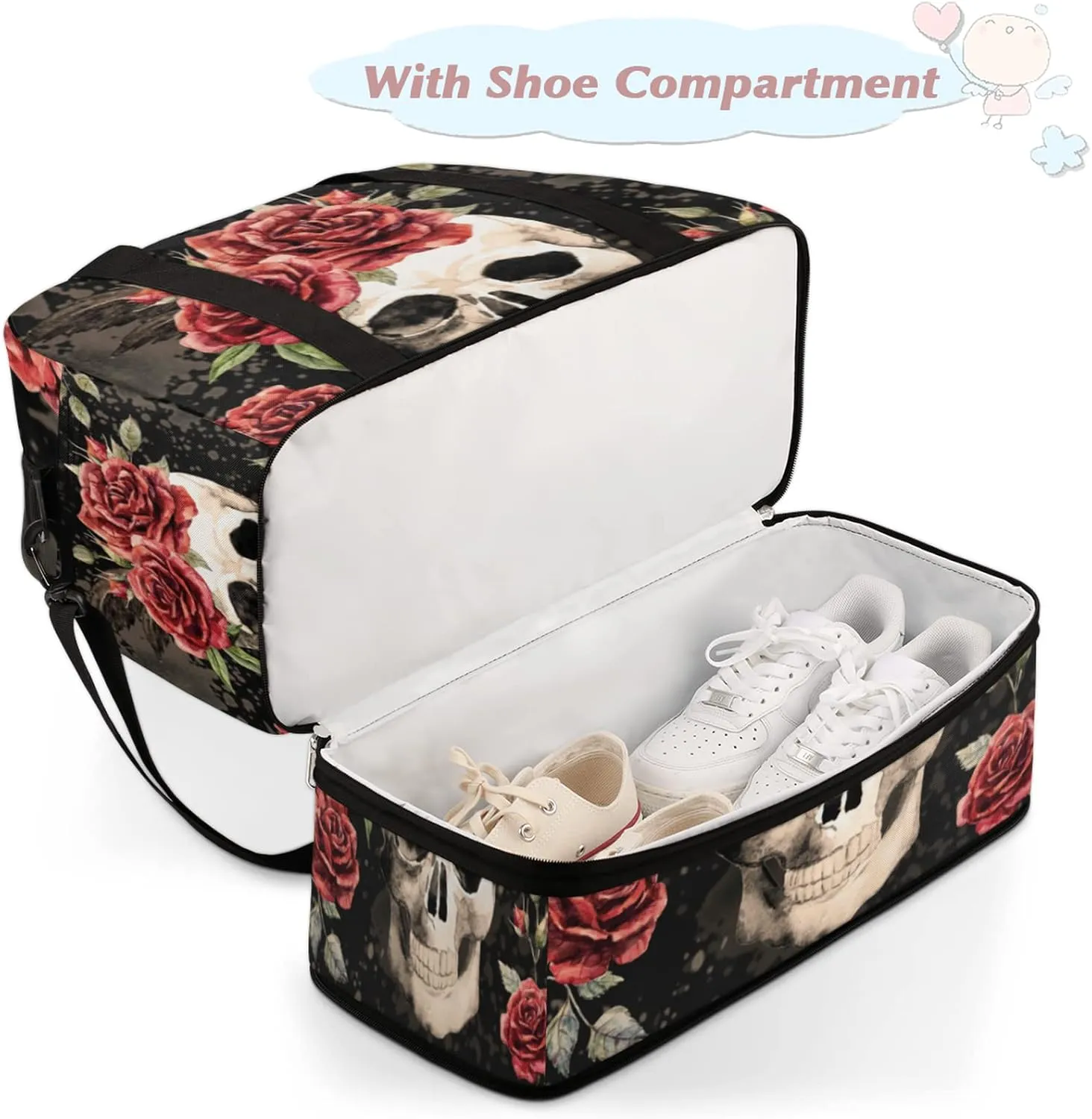 Vintage Gothic Skull Red Rose Foldable Travel Duffel Bag Tote Carry on Luggage Sport Duffle for Women Men Gym Bag Overnight Weekender Bags with Shoe Compartments and Shoulder Strap