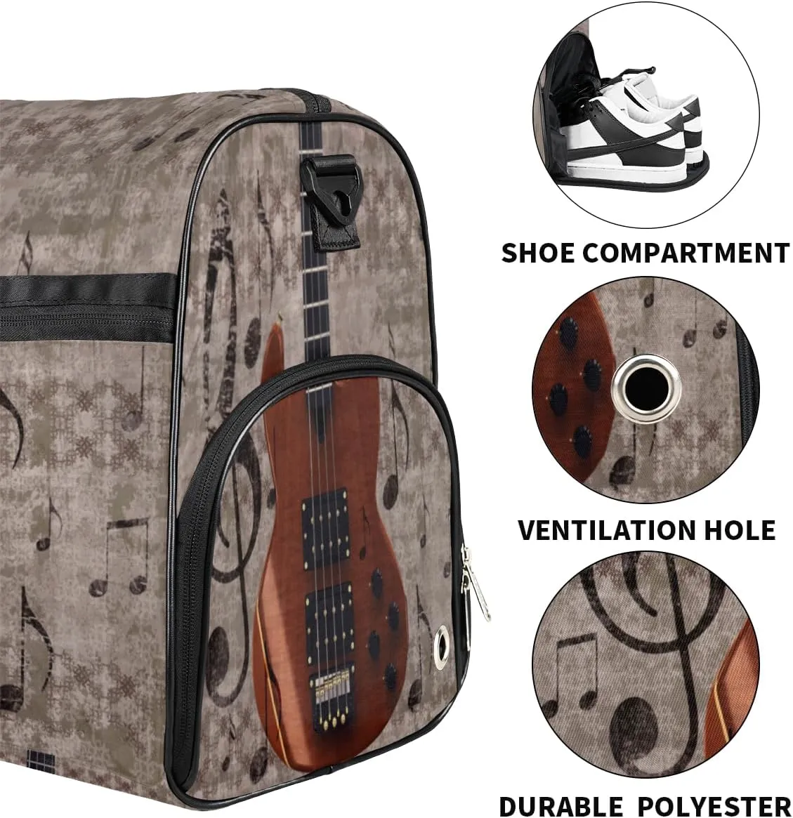 Vintage Guitar Sports Gym Bag for Women Men Travel Duffel Bag with Wet Pocket & Shoes Compartment Waterproof Weekender Overnight Tote Carry on Bag Lightweight