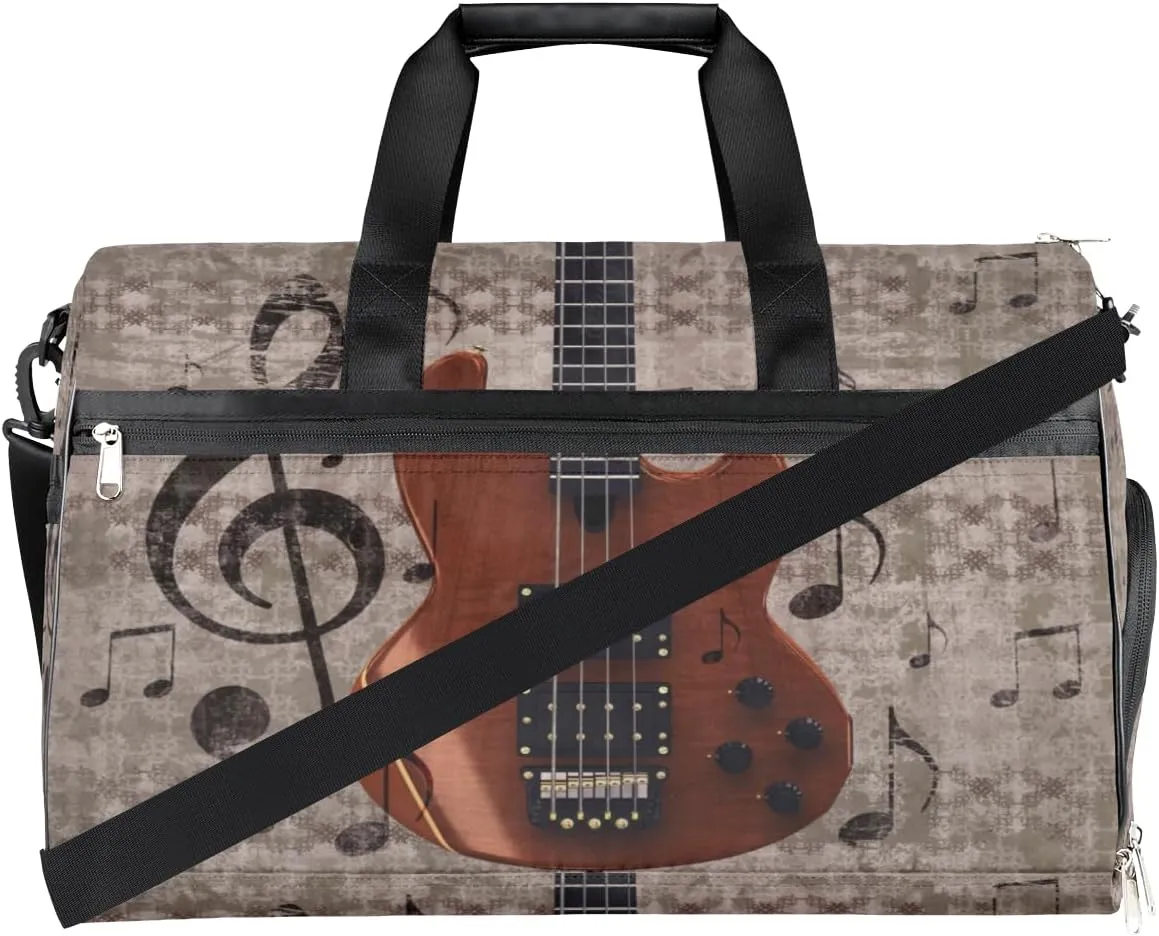 Vintage Guitar Sports Gym Bag for Women Men Travel Duffel Bag with Wet Pocket & Shoes Compartment Waterproof Weekender Overnight Tote Carry on Bag Lightweight