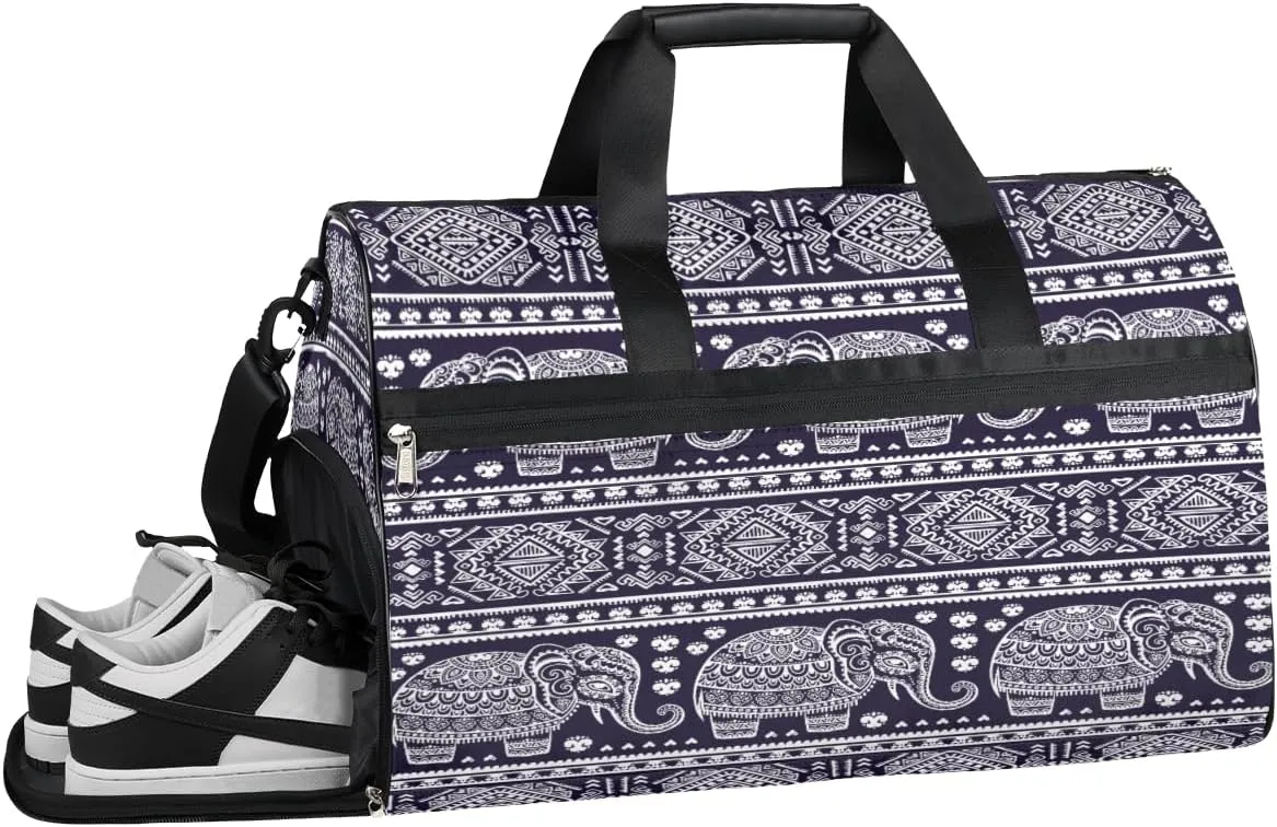 Vintage Tribal Elephant Resistant Sports Gym Bag for Women Men Travel Duffel bag with Wet Pocket & Shoes Compartment Waterproof Weekender Bag 19.7"x9.9"x13"