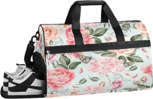 Waterco Flowers Roses Resistant Sports Gym Bag for Women Men Travel Duffel bag with Wet Pocket & Shoes Compartment Waterproof Weekender Bag 19.7"x9.9"x13"