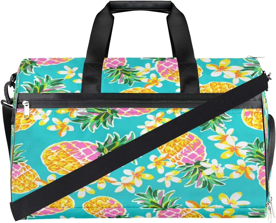 Watercolor Pineapple Sports Gym Bag for Women Men Travel Duffel Bag with Wet Pocket & Shoes Compartment Waterproof Weekender Overnight Tote Carry on Bag Lightweight