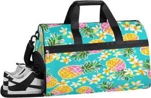 Watercolor Pineapple Sports Gym Bag for Women Men Travel Duffel Bag with Wet Pocket & Shoes Compartment Waterproof Weekender Overnight Tote Carry on Bag Lightweight