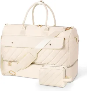 Weekender Bags for Women,45L Travel Duffel Bag with Shoe Compartment for Women,Carry on Overnight Bag with Waterproof Nylon Toiletry Makeup Bag.Gym Duffel Bag Travel Tote Bag for Travel(WHITE)
